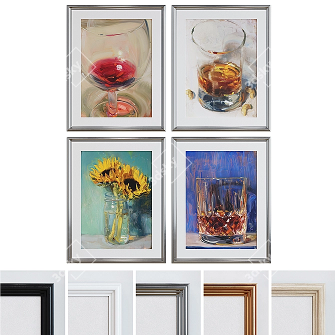  4-Piece Modern Picture Frame Set with Oil Painting 3D model image 1