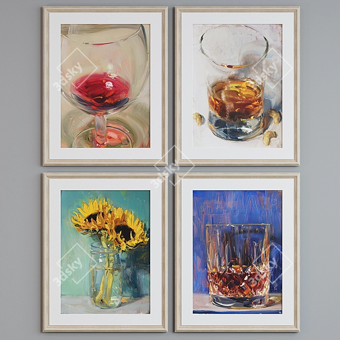  4-Piece Modern Picture Frame Set with Oil Painting 3D model image 3