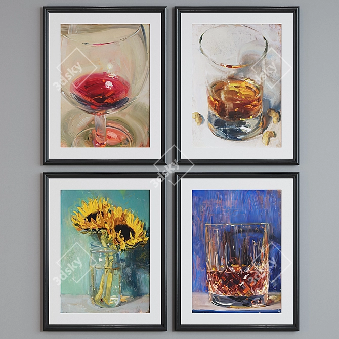  4-Piece Modern Picture Frame Set with Oil Painting 3D model image 5