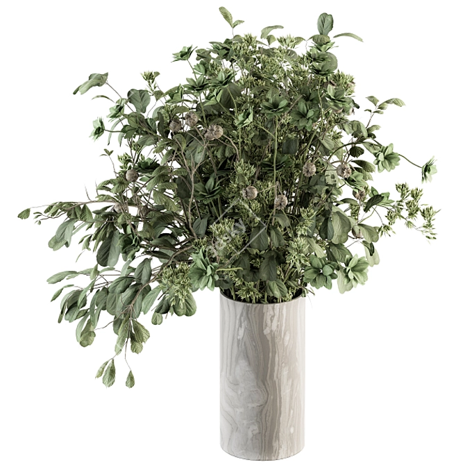Botanical Bliss: Green Branch in Stone Vase 3D model image 1