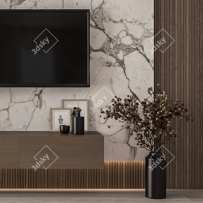 Modern Black Wood TV Wall 3D model image 3