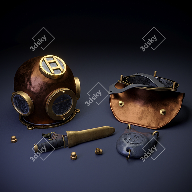 High-Poly Diving Set: Helmet, Hood, Weight, Knife 3D model image 1