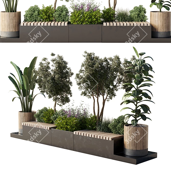 Urban Green Bench Collection with Flower-Plant-Tree 3D model image 1