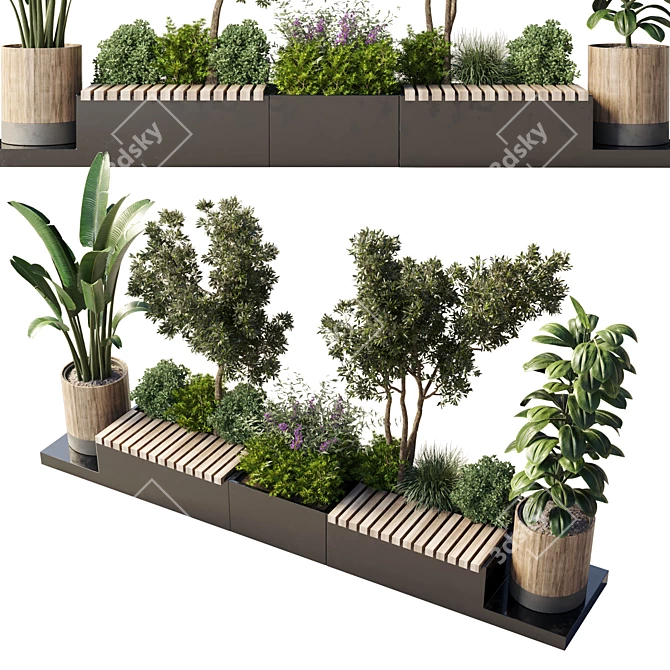 Urban Green Bench Collection with Flower-Plant-Tree 3D model image 2