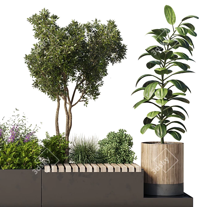 Urban Green Bench Collection with Flower-Plant-Tree 3D model image 3