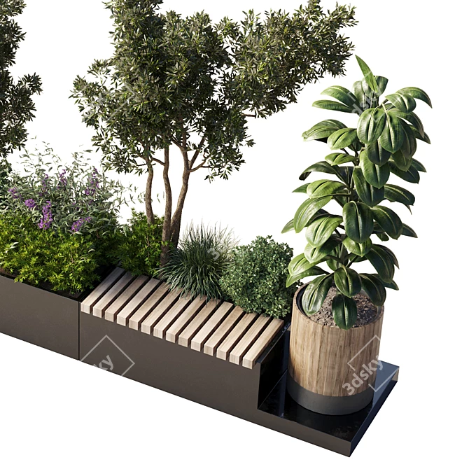 Urban Green Bench Collection with Flower-Plant-Tree 3D model image 5