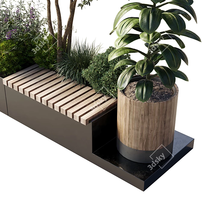 Urban Green Bench Collection with Flower-Plant-Tree 3D model image 6