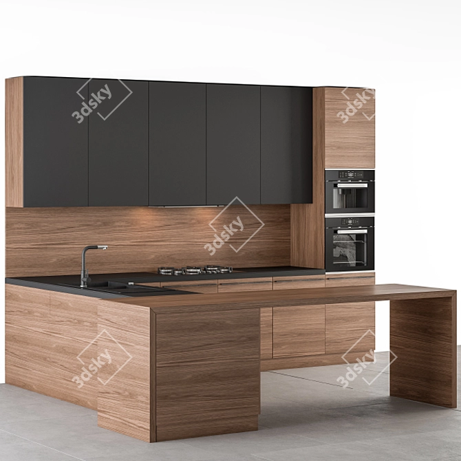 Sleek Wood & Black Kitchen 3D model image 1