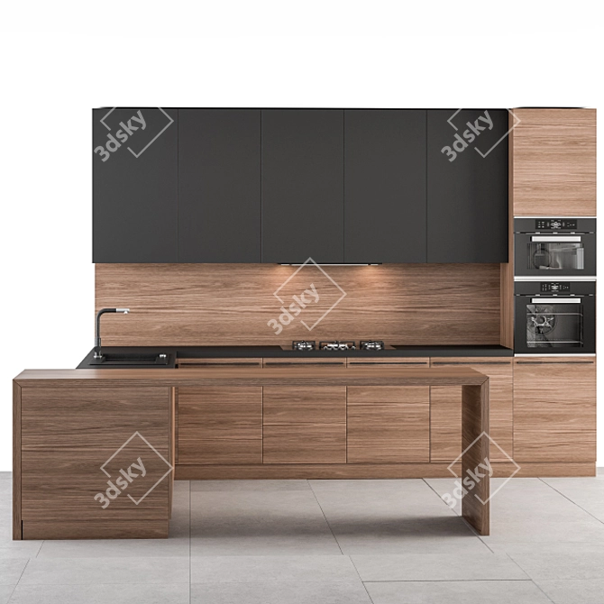 Sleek Wood & Black Kitchen 3D model image 2