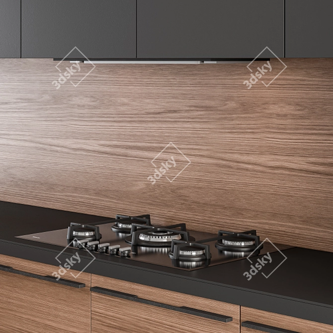 Sleek Wood & Black Kitchen 3D model image 3