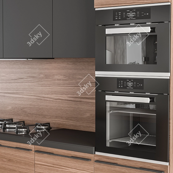 Sleek Wood & Black Kitchen 3D model image 5