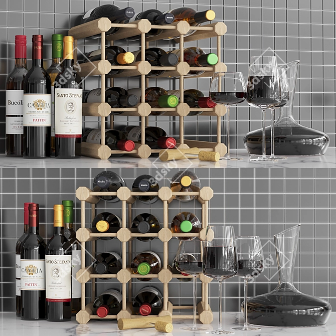 Elegant Wine Set: Bottles, Glasses, Decanter & Rack 3D model image 1