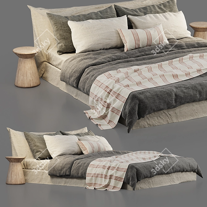 Luxurious Cozy Bed: Zara Home Linen Bedding & Bedhead 3D model image 1