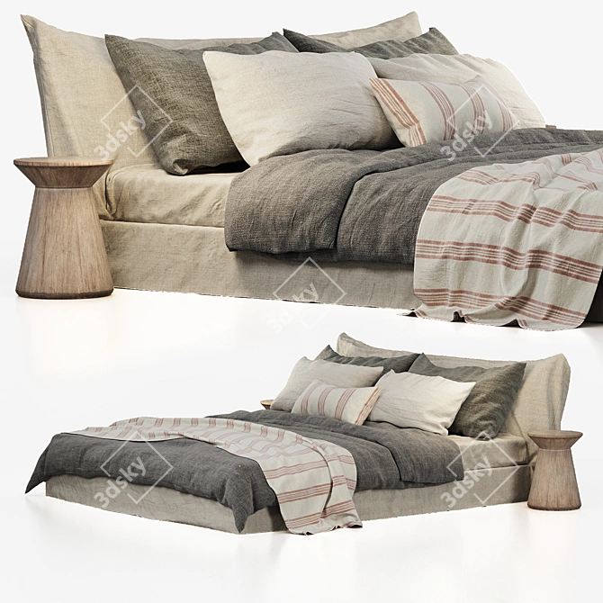 Luxurious Cozy Bed: Zara Home Linen Bedding & Bedhead 3D model image 10