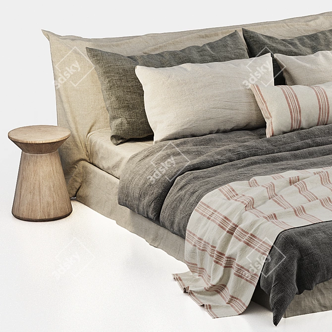 Luxurious Cozy Bed: Zara Home Linen Bedding & Bedhead 3D model image 11