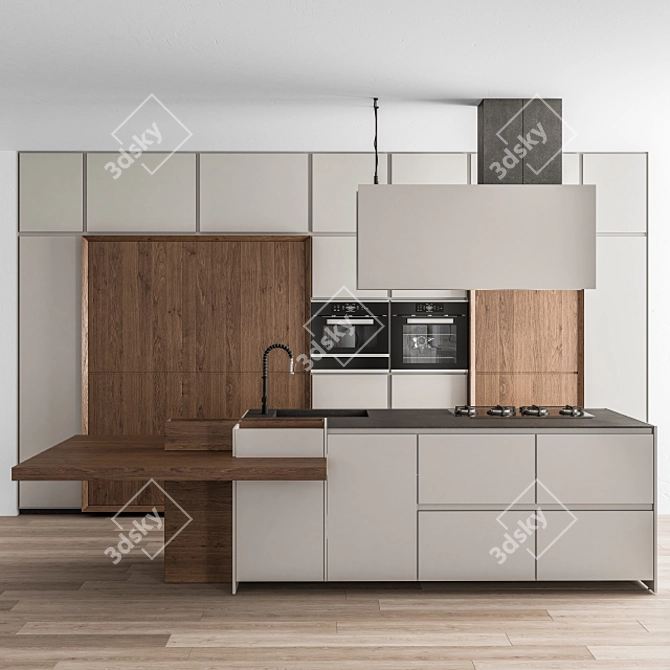 Elegant Cream and Wood Kitchen 3D model image 1