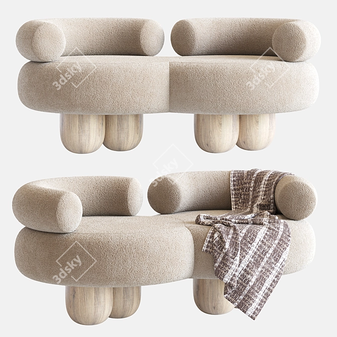 Italian Modern Siamese Sofa: Bouclé, Wood, Lacquered 3D model image 1