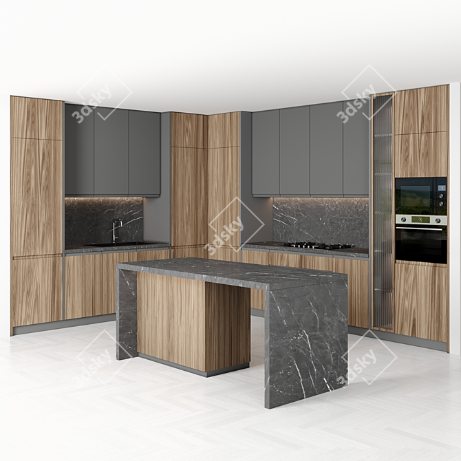 Sleek Island Kitchen: Modern, Functional, Stunning 3D model image 6