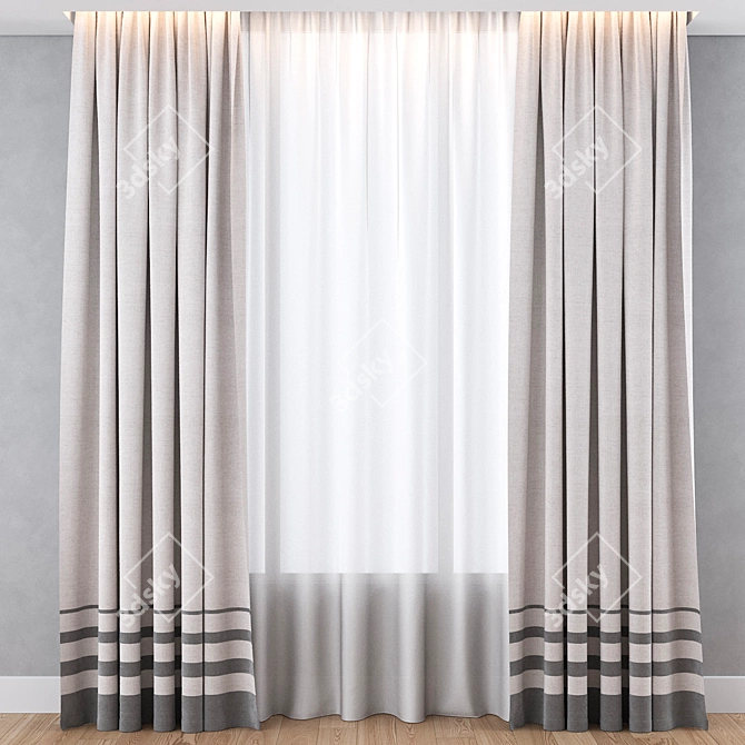 Modern Grey Striped Cotton Curtains 3D model image 1