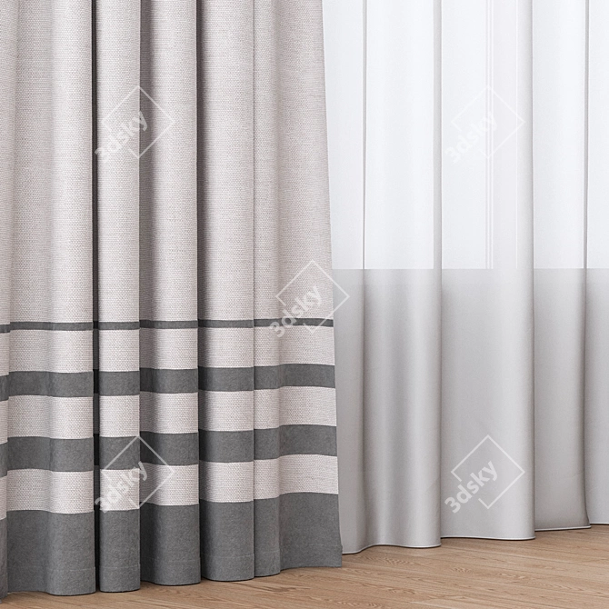 Modern Grey Striped Cotton Curtains 3D model image 2