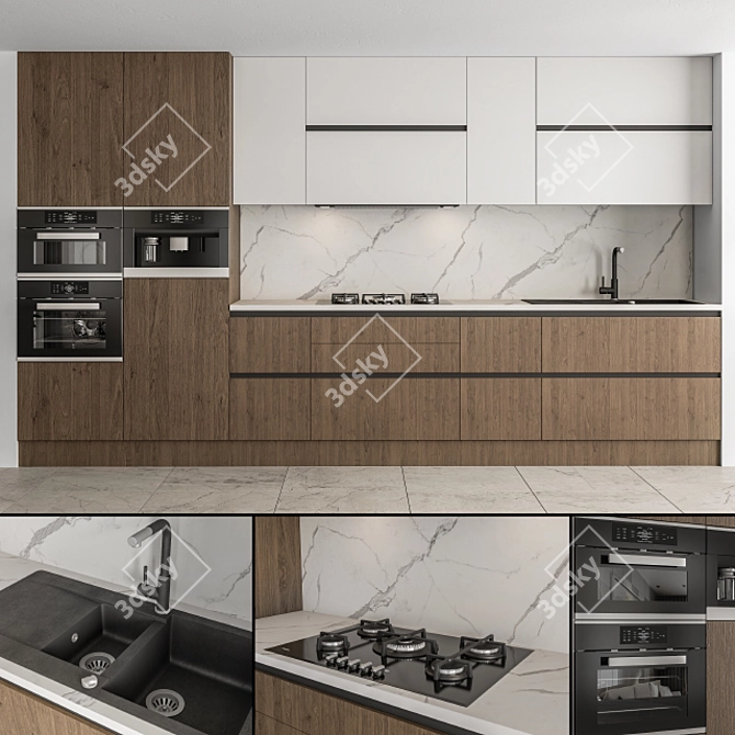 Sleek White and Wood Kitchen 3D model image 1