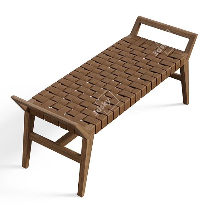 Salvaged Teak and Leather Bench 3D model image 3