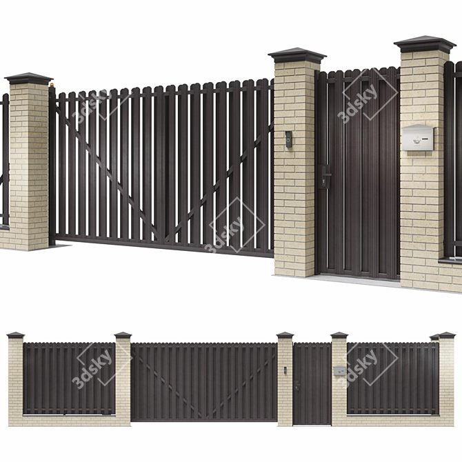 Euro-Style Brick Fence with Automatic Sliding Gate | Private House 3D model image 1