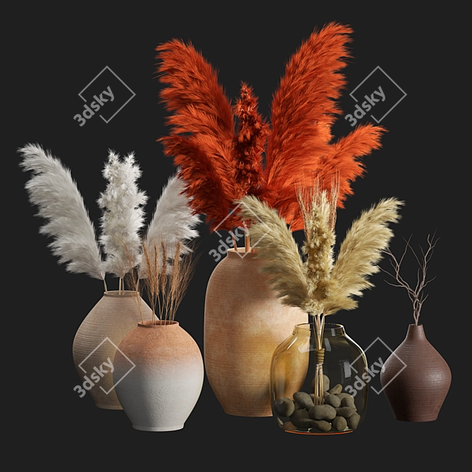 Handcrafted Clay Vases with Dried Grass 3D model image 1