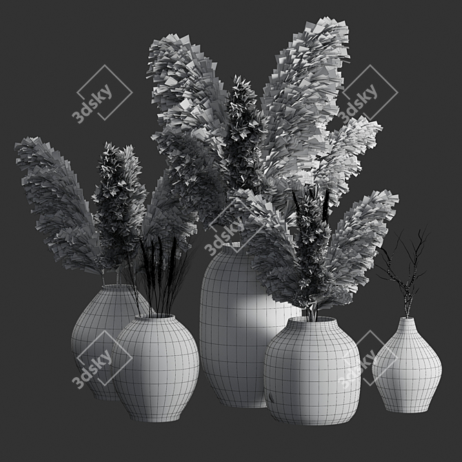 Handcrafted Clay Vases with Dried Grass 3D model image 2