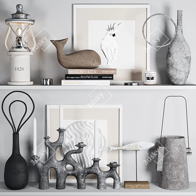 Decorative Set: Vintage Lamp, Distressed Fish, Wooden Whale, Vases, Candelabra, Artwork & More 3D model image 1
