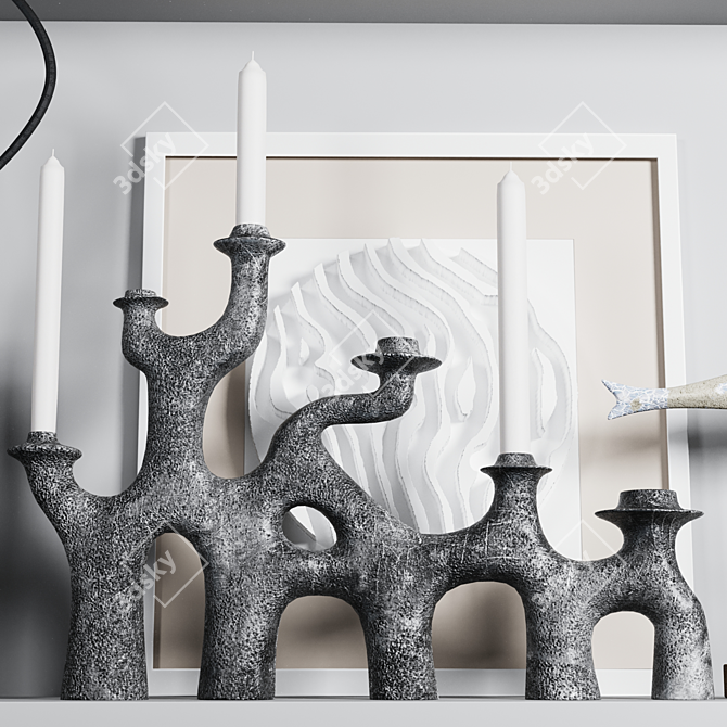 Decorative Set: Vintage Lamp, Distressed Fish, Wooden Whale, Vases, Candelabra, Artwork & More 3D model image 4