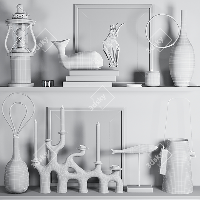 Decorative Set: Vintage Lamp, Distressed Fish, Wooden Whale, Vases, Candelabra, Artwork & More 3D model image 7