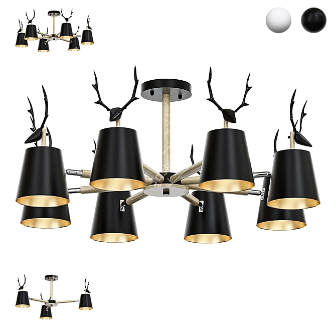 Scandinavian Eco-Style Chandelier with Wooden Frame and Deer Horn Accents 3D model image 1