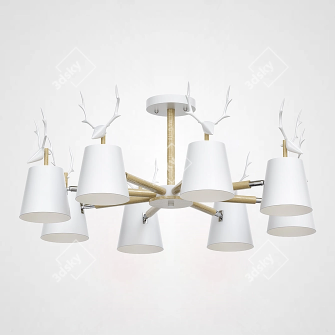 Scandinavian Eco-Style Chandelier with Wooden Frame and Deer Horn Accents 3D model image 2