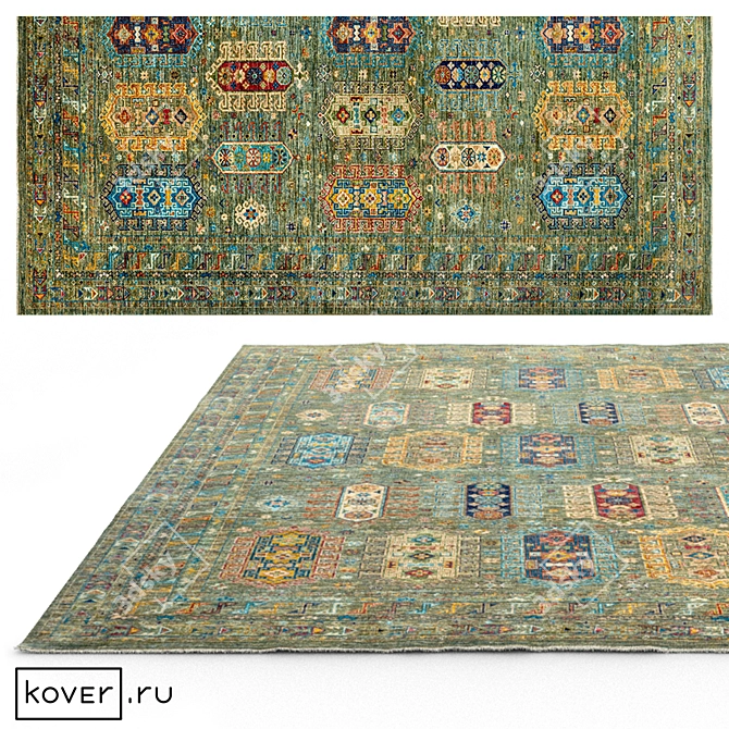 WAZIR Ethnic Green Wool Carpet 3D model image 1