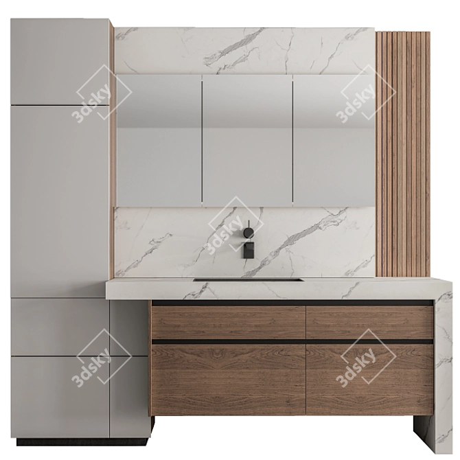 Elegant Stone & Wood Bathroom Set 3D model image 1