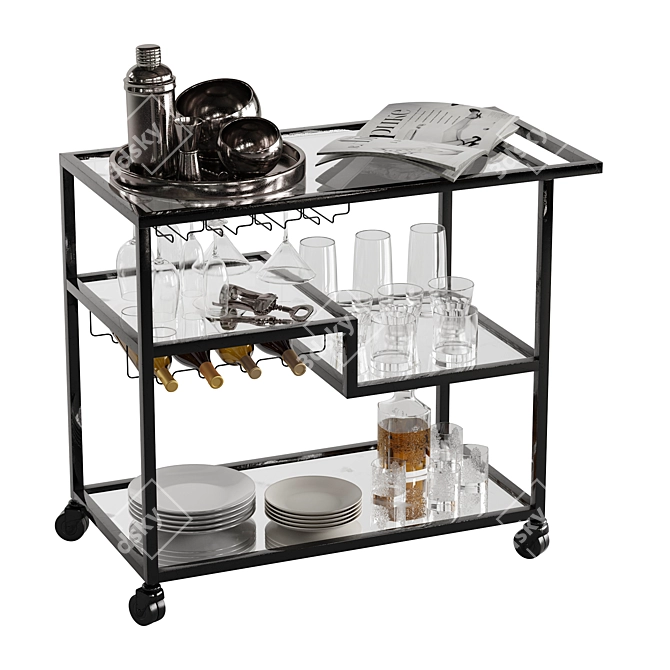 Sleek Drink Bar Cart Set 3D model image 2