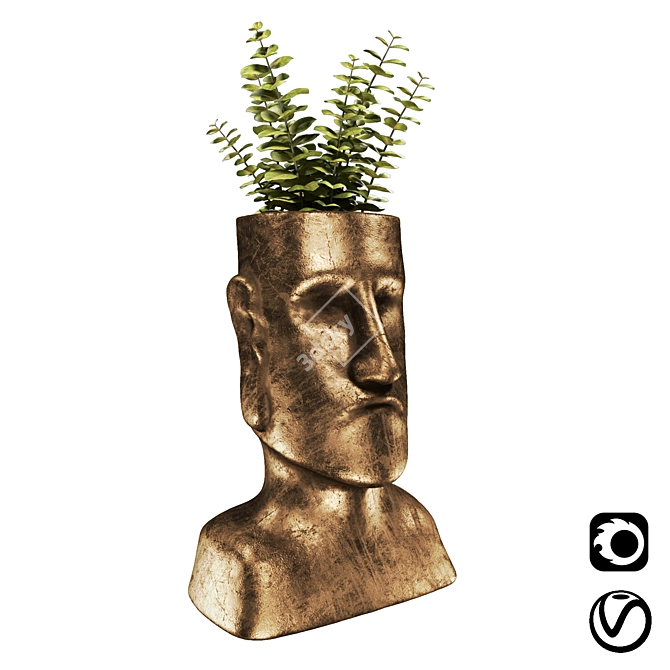 Ancient Easter Island: Bronze Statue with Plant 3D model image 1