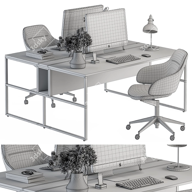 White Wood Office Furniture Set - Employee 50 3D model image 5