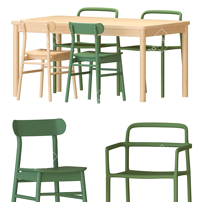 Modern Green Birch Table & Chairs 3D model image 1