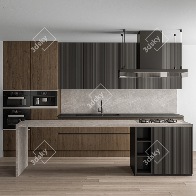 Sleek Black and Wood Kitchen 3D model image 1