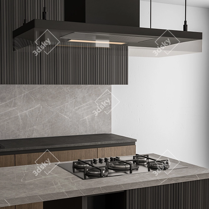 Sleek Black and Wood Kitchen 3D model image 2