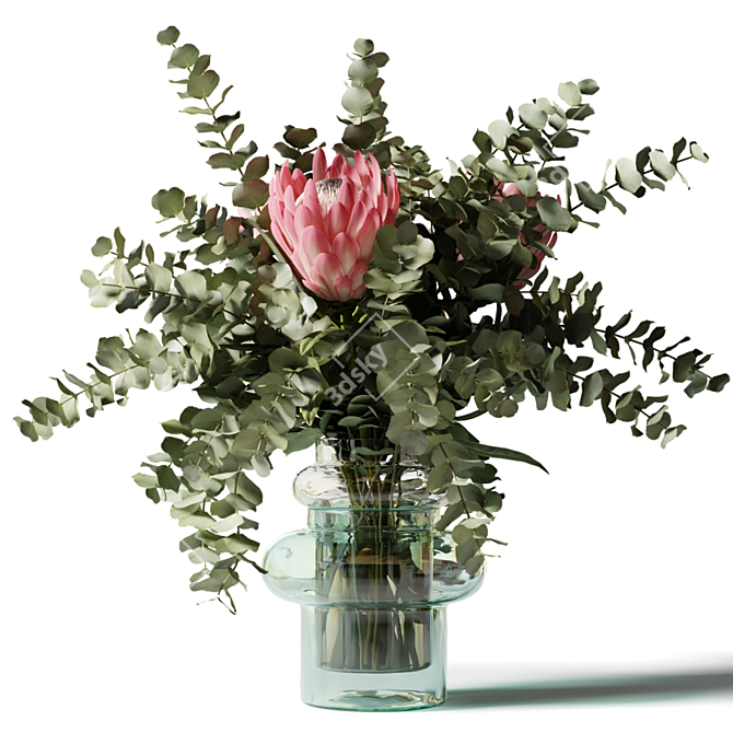 Pink Protea Bouquet with Eucalyptus 3D model image 3