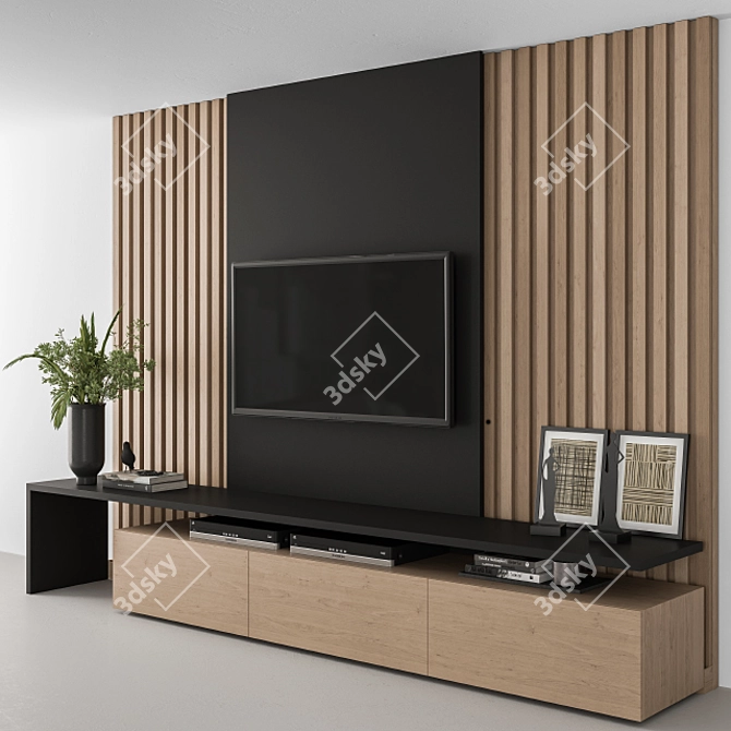 Sleek Black Wood TV Wall 3D model image 1