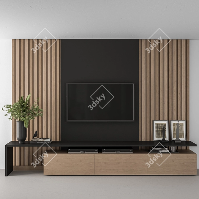 Sleek Black Wood TV Wall 3D model image 2