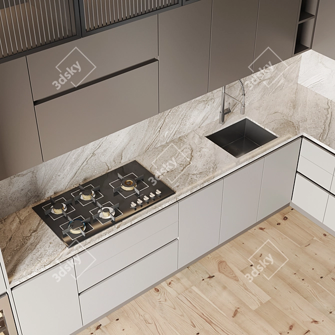 Modern Kitchen Set: Gas Hob, Oven, Coffee Machine, Wine Fridge & More 3D model image 2
