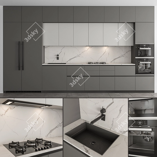 Sleek Black & Gray Marble Kitchen 3D model image 1