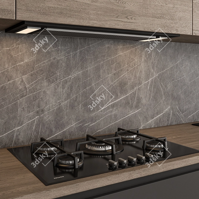 Sleek Black and Wood Kitchen 3D model image 2