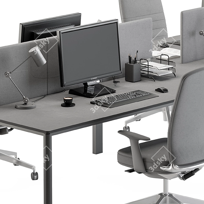 Gray Employee Desk Set 3D model image 4