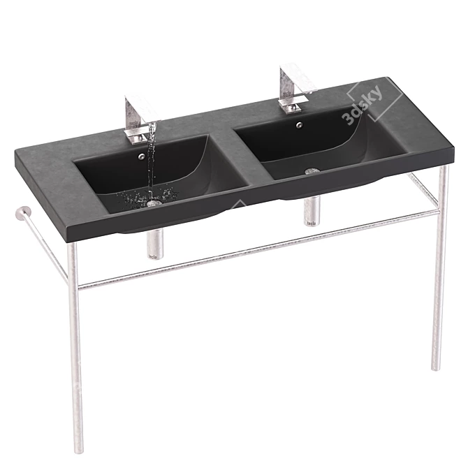 Luxury Double Basin Console Sink with Polished Chrome Stand 3D model image 2